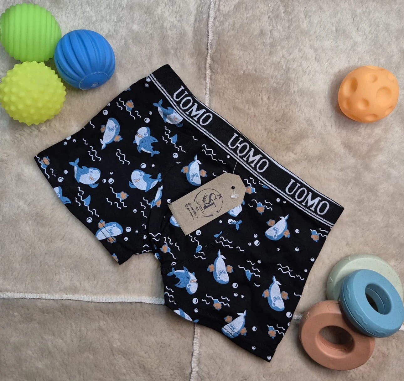 Boxer infantil de algodón con estampado de tiburón - Negro