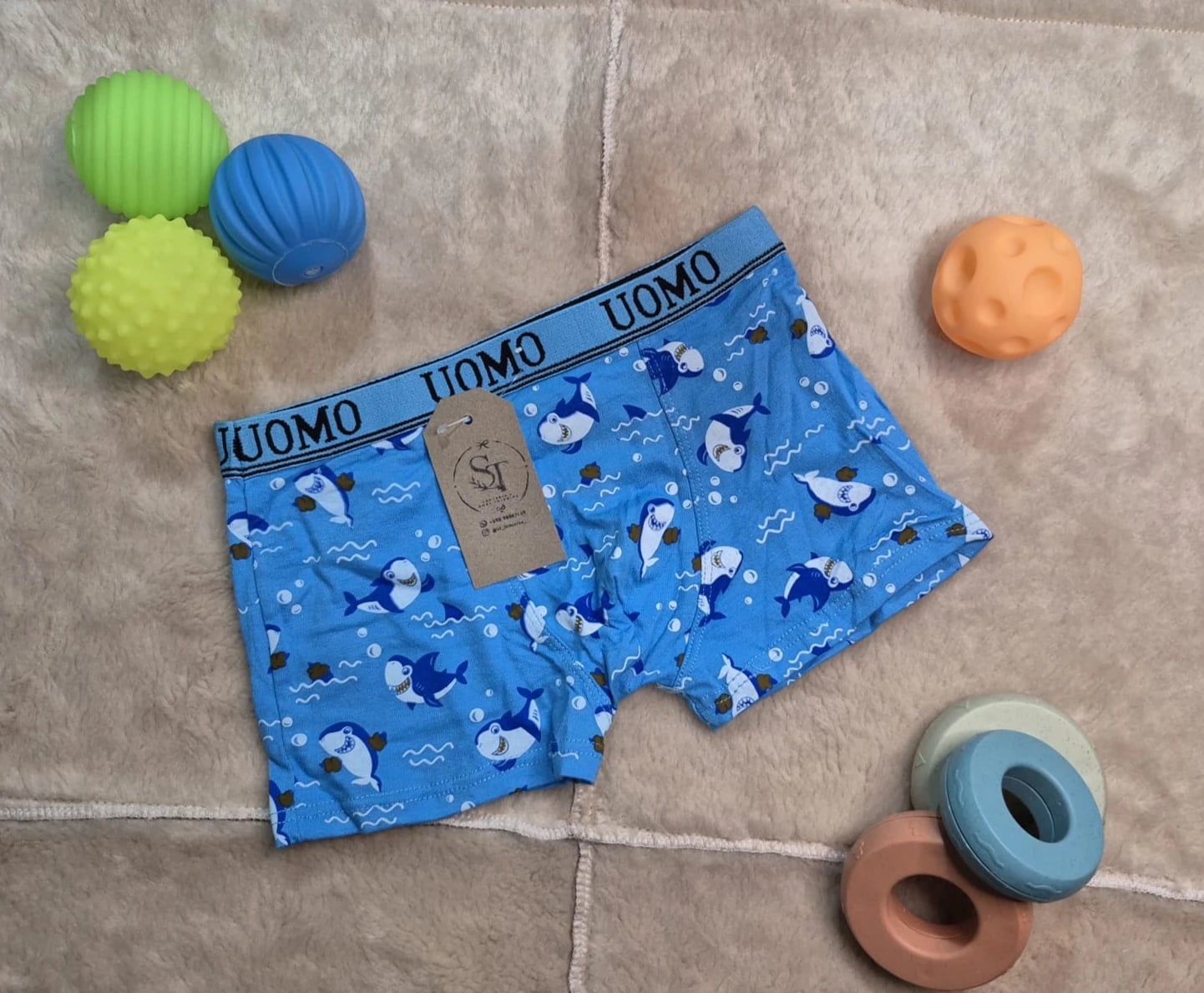 Boxer infantil de algodón con estampado de tiburón - Celeste