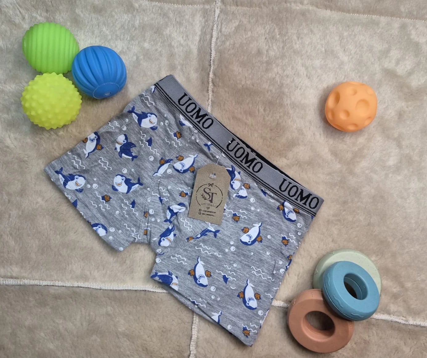 Boxer infantil de algodón con estampado de tiburón - Gris